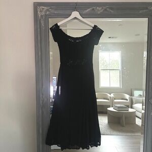 Free People Black Lace Chiffon 90s Off Shoulder Midi Dress Sheer S